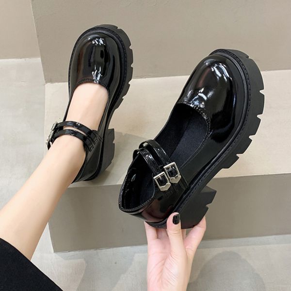 

dress shoes rimocy patent leather platform mary jane shoes women buckle strap square heeled pumps woman round toe thick bottom mary janes 23, Black