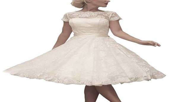 

vintage 1920s short aline lace wedding dresses knee length appliques lace illusion jewel neck country summer bridal gown wedding 1045624, White