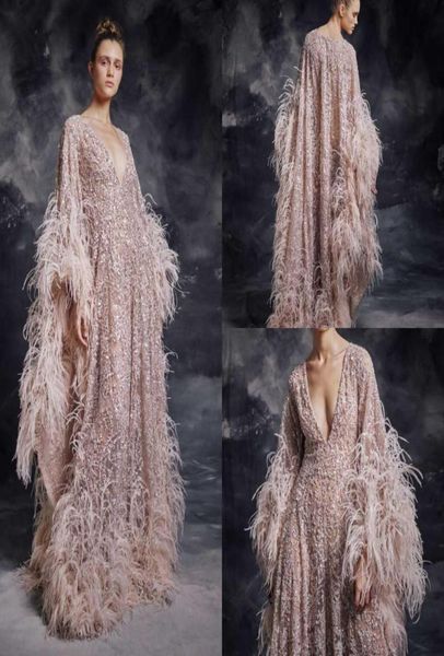 

modest krikor jabotian elegant v neck long sleeve a line evening dresses sequins lace feather formal dresses sweep train party gow6851015, Black;red