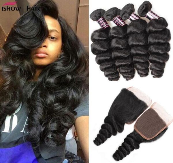 

brazilian loose wave human hair bundles weaves with 4x4 lace closure natural black color hair extensions9047685