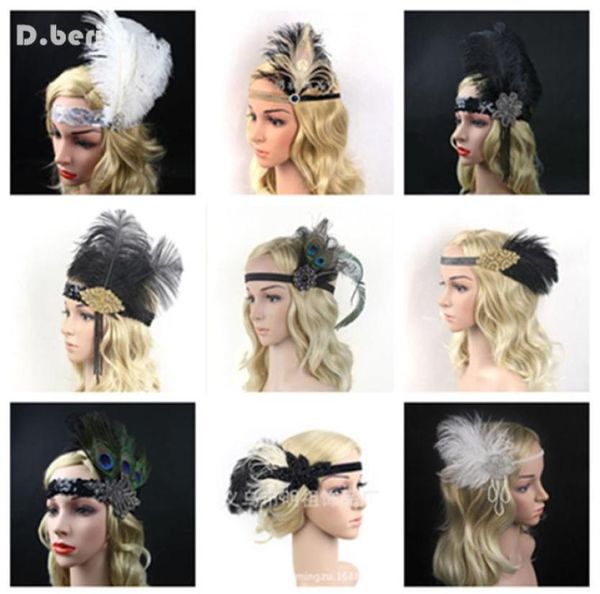 

4pcslot women feather headband hair accessories rhinestone beaded sequin hair band 1920s vintage gatsby party headpiece4920069, Slivery;white