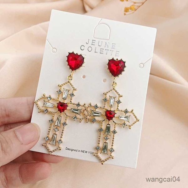 

charm fashion vintage red heart crystal dangle earrings women's cross stainless steel earrings luxury jewelry party gifts r230719, Golden