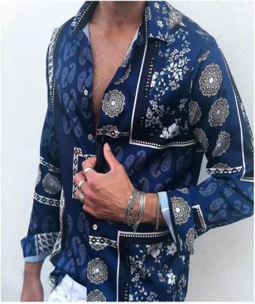 

2020 ethnic style printed shirt men lapel high street button vintage camisa long sleeve mens brand leisure shirts camisas hombre912873661, White;black