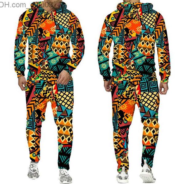 

men's sleepwear color folk custom 3d printing hoodie+pants suit men's long sleeved sportswear suit ethnic style african osaka clot, Black;brown