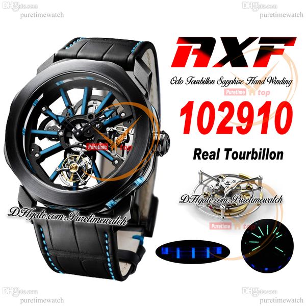 

axf octo 102910 hand winding bvl206 mechanical tourbillon mens watch sapphire pvd all black black blue skeleton dial leather strap watches s, Slivery;brown