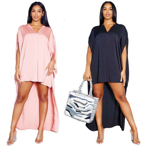 

womens summer fashion casual pure color v neck bat sleeve dress, Black;gray