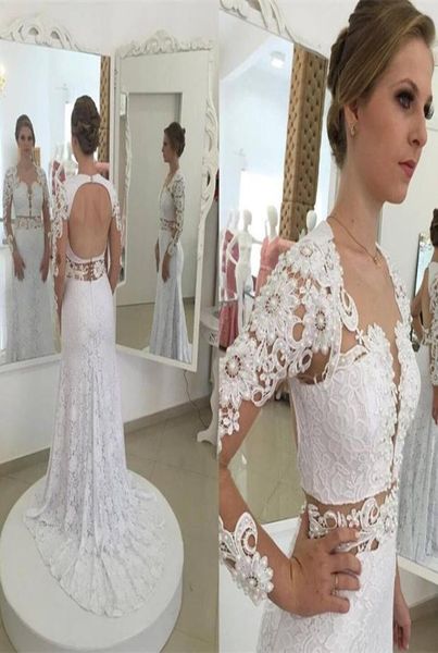 

elegant mermaid white full lace wedding dresses 2019 open back sheer long sleeves lace beaded bridal gowns custom made9448516