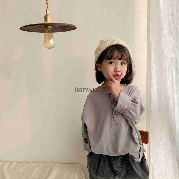

t-shirts japanese style boys and girls solid color loose base t shirts cotton soft 4 colors long sleeve tees x0719, Blue