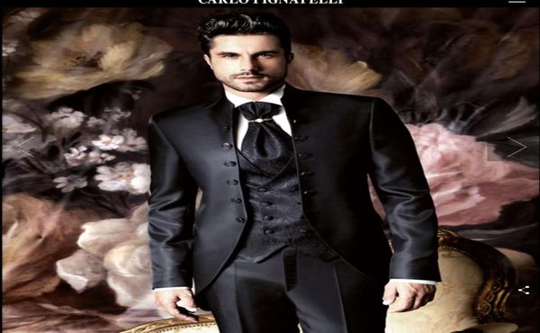 

new fashion black groom tuxedos stand collar six button groomsmen men business formal prom party suitjacketpantstievest 9417011020, Black;gray