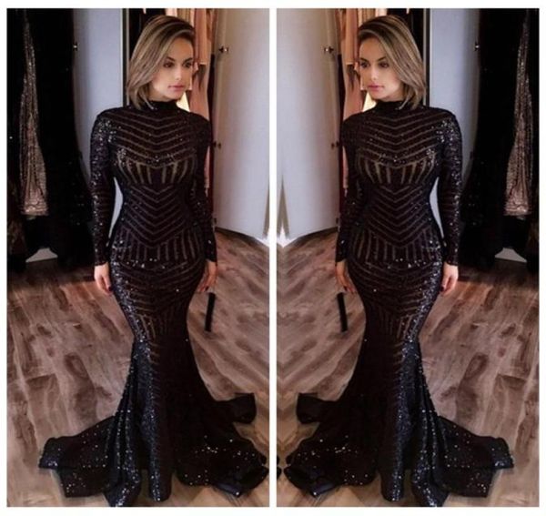 

2018 michael costello long sleeve prom dresses bling bling black sequins high neck mermaid celebrity gowns pageant evening dr9532806