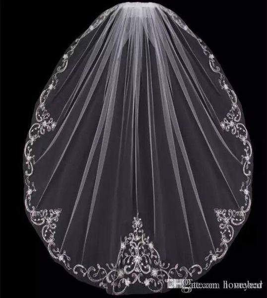 

new arrival one layer fingertip wedding veils applique sequins beads edge tulle bridal veil for bride with comb2333372, Black