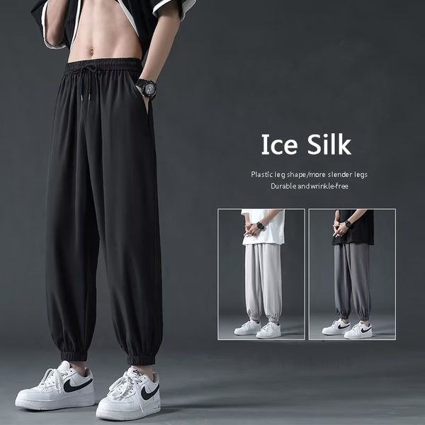 

men's pants summer cool thin soft cropped loose casual sports straight solid quick dry jogger sweatpants daily trousers 230718, Black