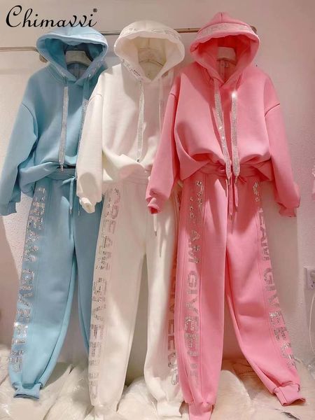 

women's two piece pants heavy embroidery drilling letter velvet hooded sweater casual fashion two piece suit winter clothes 230718, White