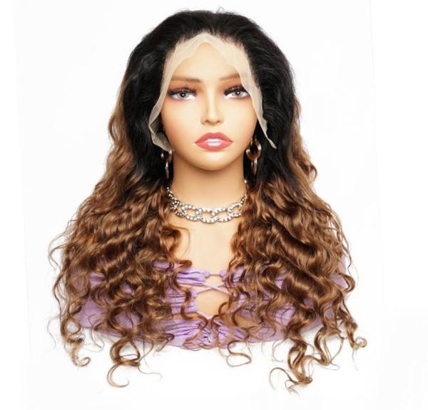 

1b 30 ombre brown loose deep wave wig peruvian 13x4 transparent lace frontal human hair wigs whole colored 4x4 closure w6185264, Black;brown