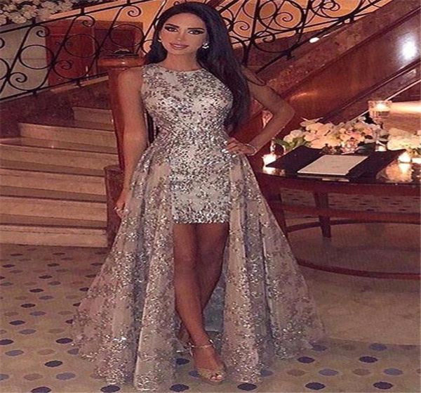 

2019 new crew neck sequins high low prom dresses sparkling sleeveless lace sweep train formal party evening gowns bc19559604142, Black
