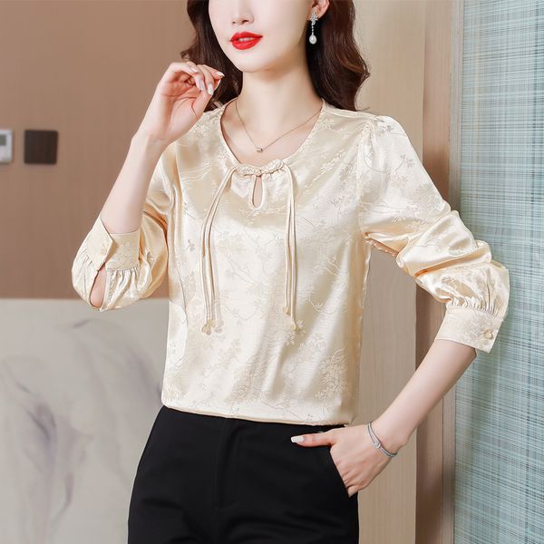 

2023 fashion designer blouses beige satin long sleeve formal elegant and youth jacquard blouse going out back to school sweet girl chic runw, White