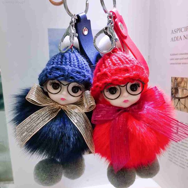 

key rings cute big eyed doll pompom keychain real fur pendant for women bag car key ring phone fine jewelry accessories kids girl gift l2307, Slivery;golden