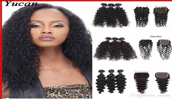 

brazilian straight virgin hair body water deep loose wave 4x4 lace closure with 3 bundles indian virgin human hair extension2649614, Black;brown