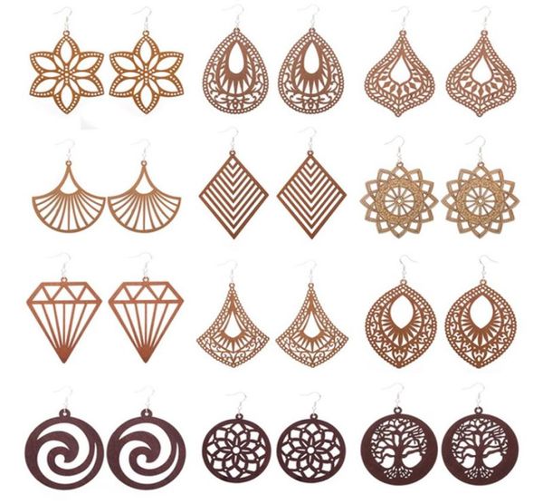 

bohemian wooden earrings for women girls fashion hollow wood charm earrings flower diamond tree pattern creative earring4523533, Silver