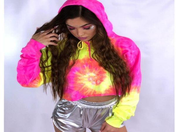 

women fashion tie dye print hooded short sweatshirts long sleeve pullover casual sports crop coat jacket autumn new4274066, Black;red