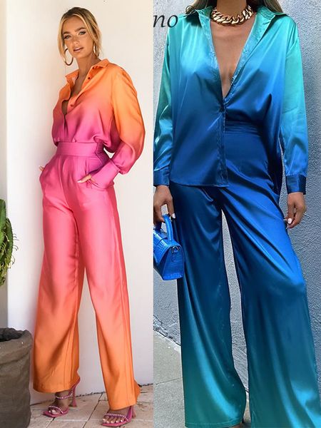 

women's two piece pants gradient office women's satin set spring polo neck loose long sleeve shirt two piece set women's elas, White