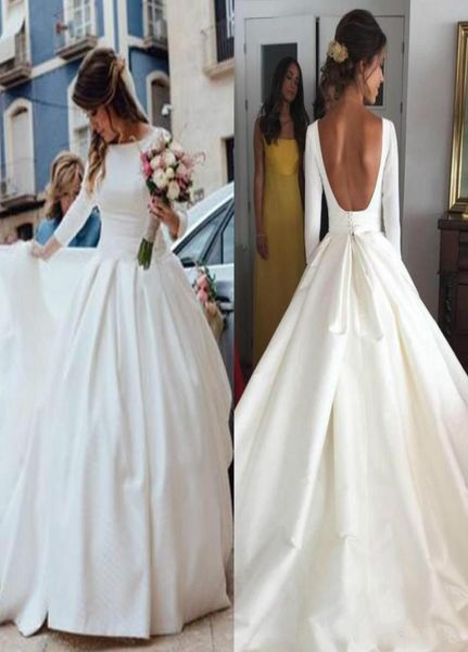 

simple wedding dresses 2018 new fashion satin a line long sleeves backless wedding dress bridal gowns6200542, White