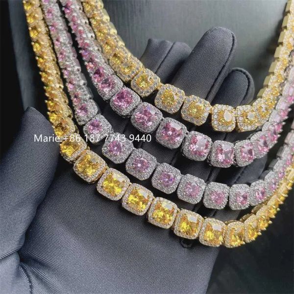 

brass gold plated luxury clustered mens baguette cubic zirconia necklace cube tennis chain, Silver