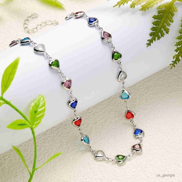 

pendant necklaces rainbow crystal heart choker necklace for women gold color chain jewelry statement summer beach gift collar r230719, Silver