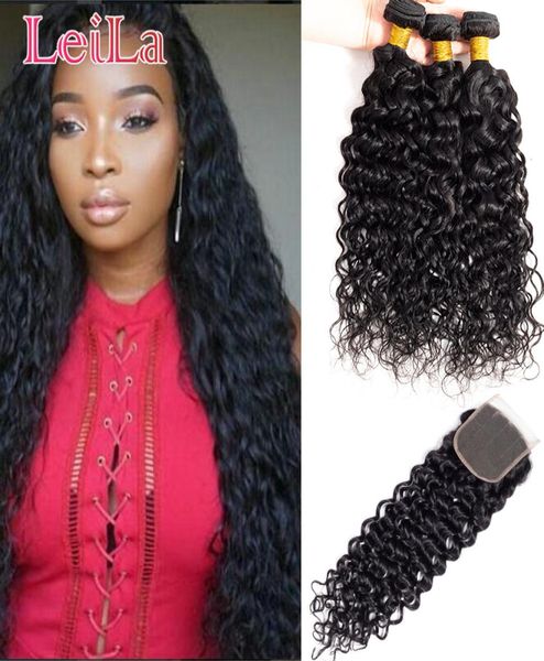 

brazilian virgin hair 3 bundles with 4x4 water wave bundles with closures wet and wavy 4pieceslot hair extensions1652436, Black;brown