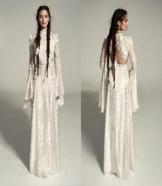 

meital zano great victoria medieval wedding gown with bell sleeves vintage crochet lace high neck gothic queen wedding dresses9291922, White