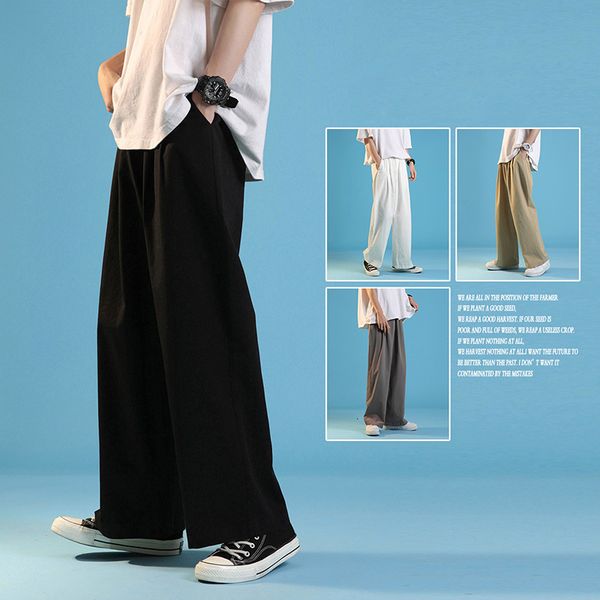 

mens pants autumn solid high street loose straight wide leg japan jogging trousers casual moletom masculino 230720, Black