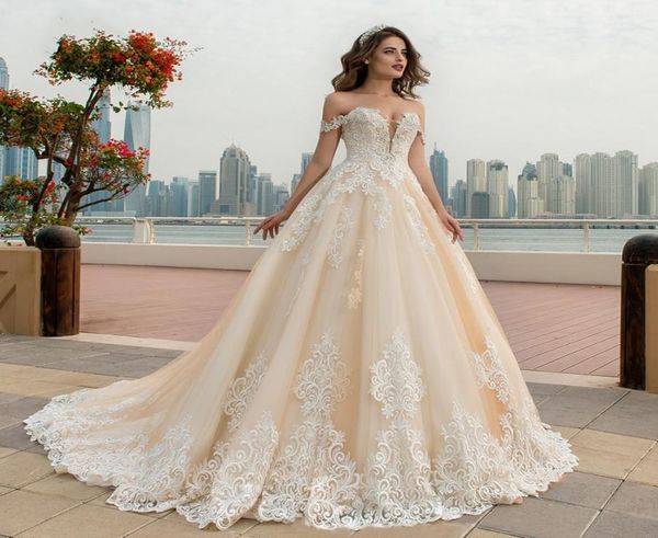 

vintage off the shoulder a line lace wedding dresses applique beading lace up champagne bride dress chapel train bridal gown plus 2192409, White