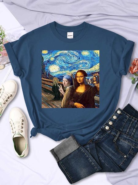 

picture of me and mona lisa print t-shirt fashion tshi, White