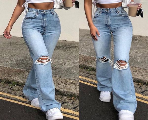 

women vintage ripped flare bell bottom jeans high waisted wide leg raw hem denim pants casual slim fitting trousers with pocket5790661, Blue