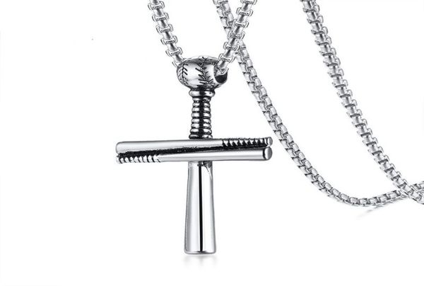 

hip hop baseball cross pendant necklace stainless steel ball bat chain men collares 24quot for guys sport jewelry pn10963062014, Silver