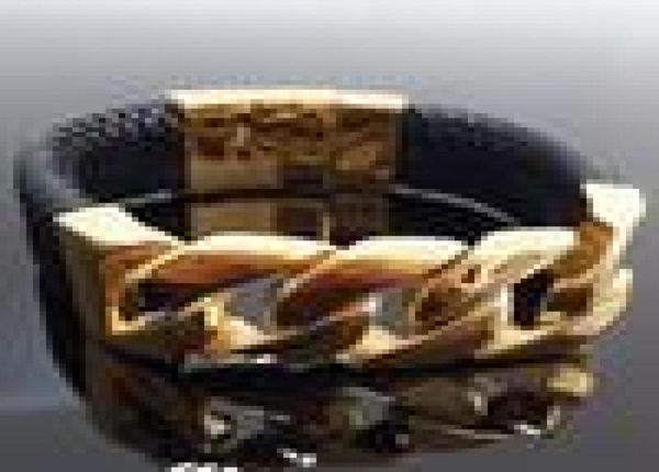 

905quot24mm 100g new fashion smooth jewelry stainless steel gold curb chain mens boys bracelet bangle with genuine leather f124605774, Black