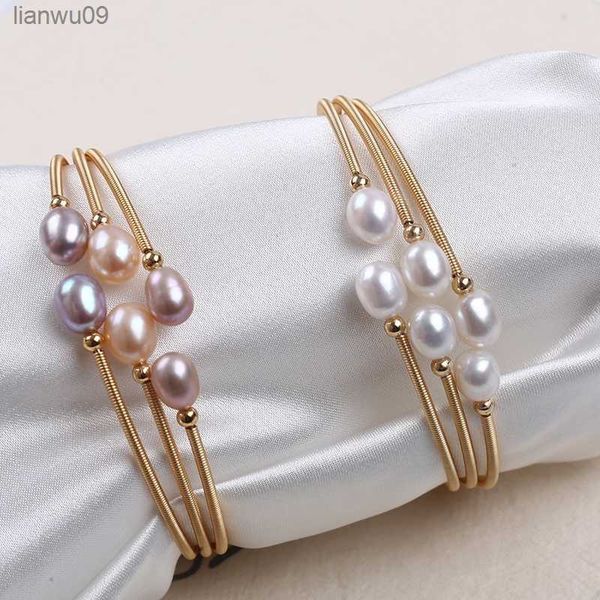 

freshwater rice pearl bead wire wrapped adjustable cuff opening bangle bracelet for women l230704, Black