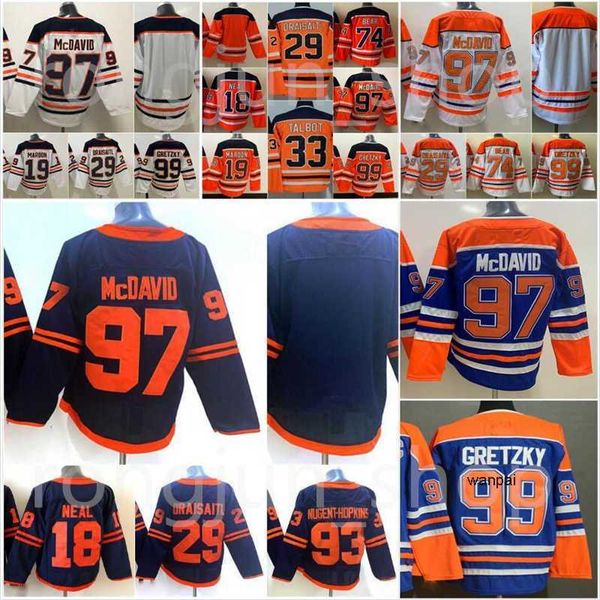 

edmonton ice hockey 97 connor mcdavid jerseys 99 wayne gretzky 29 leon draisaitl 93 ryan nugent-hopkins blank stitch oiler team blue white, Black;red