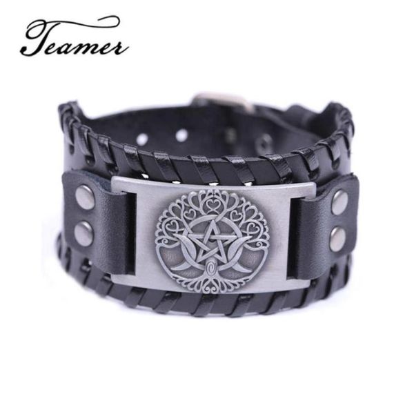 

charm bracelets teamer brand easy buckle wide leather tree of life triple moon goddess bracelet pentagram wiccan amulet mteen bang3591716, Golden;silver