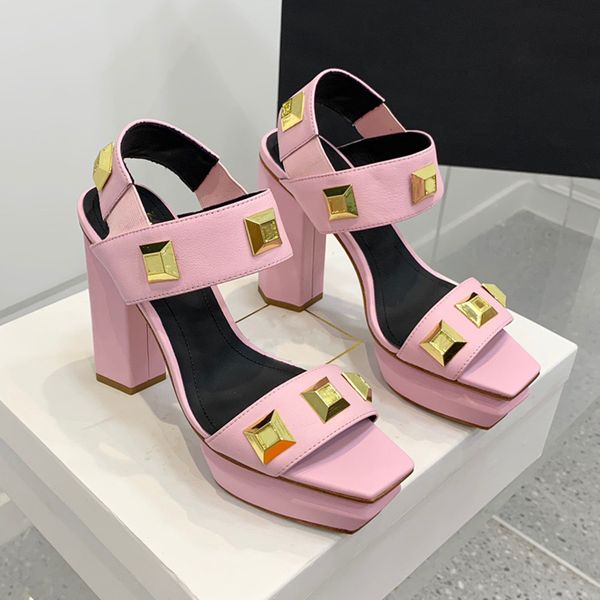 

button-detail calfskin ankle strap platform sandal fashion metal square buttons 12cm chunky high heeled sandals summer luxury designers shoe, Black