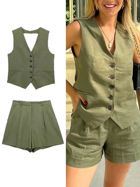 

women s two piece pants traf women solid vest blazer sets summer v neck single breasted jacket a line zipper short trouser causal basic suit, White