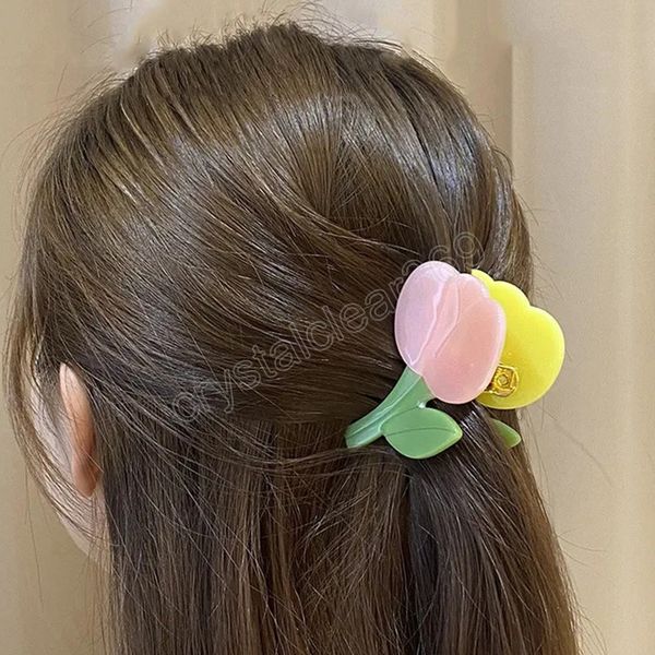 

sweet patchwork tulip hair claw flower grace headdress femme vintage ponytail clip trendy hair accessories for women girl, Slivery;white