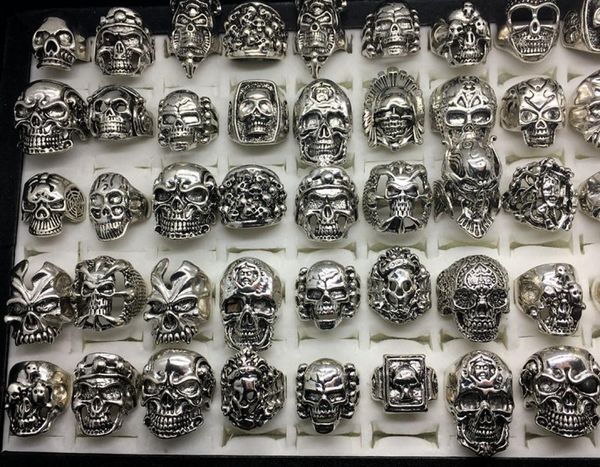 

whole 50pcs lot vintage skull skeleton jewelry rings punk mixed style rings for man9371667, Silver