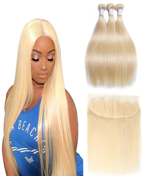 

modern show 100 brazilian straight human hair 613 bundles with frontal blonde closure weave bundle and lace front closure remy1648569, Black;brown