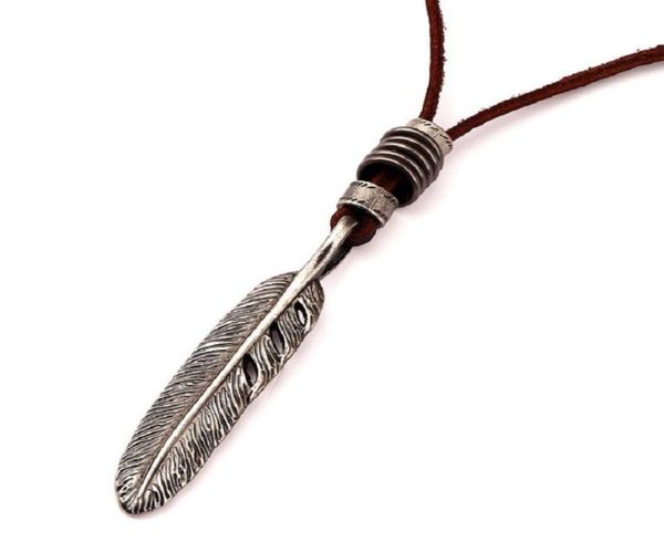 

fashion mens leather choker necklace vintage eagle feather pendant brown cord adjusted 4080 cm punk rock micro men for gifts8258289, Silver