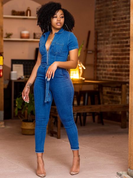 

women's jumpsuits rompers denim jumpsuits overalls for women polo collar zipper short sleeves bodysuit summer small leg pants skinny je, Black;white