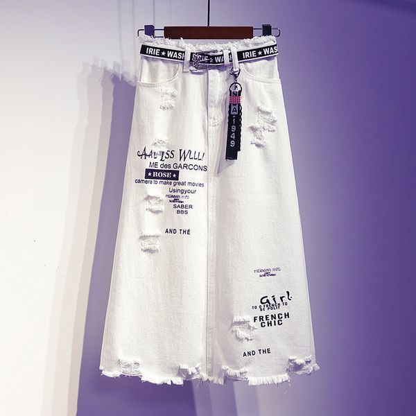 

skirts women skirt white denim long skirts letter print korean style fashion hole oversize plus size female 230720, Black