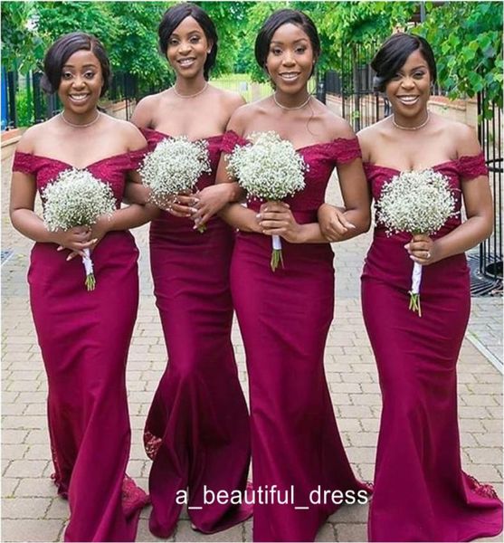 

burgundy mermaid bridesmaid dresses off shoulder sweep train lace country wedding guest gowns maid of honor dress 7547700, White;pink