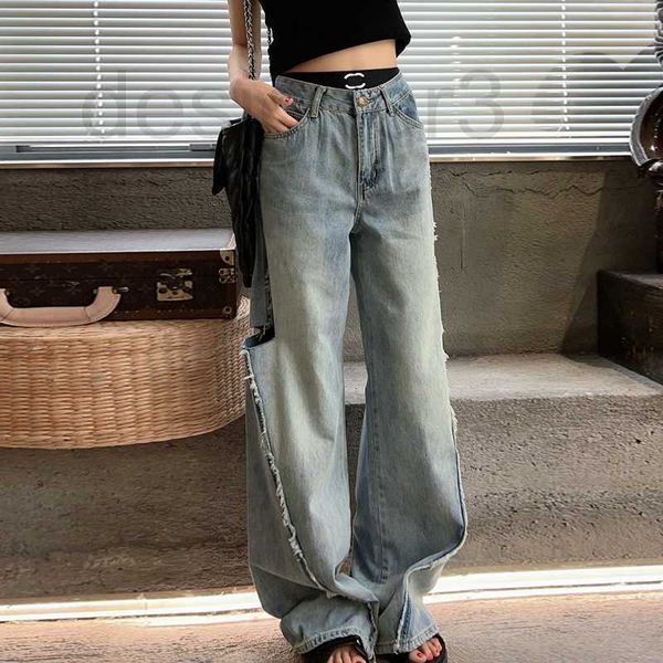 

women's jeans designer rubber band printed waist with holes and rough edges, large wide legs, slim jeans for women 6bbo, Blue