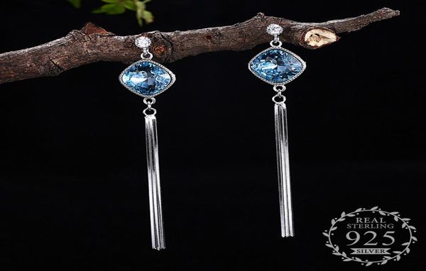 

925 sterling silver earring stud earring with blue square cubic zircon long tassel earrings ear for women fashion jewelry gift9672785, Golden;silver